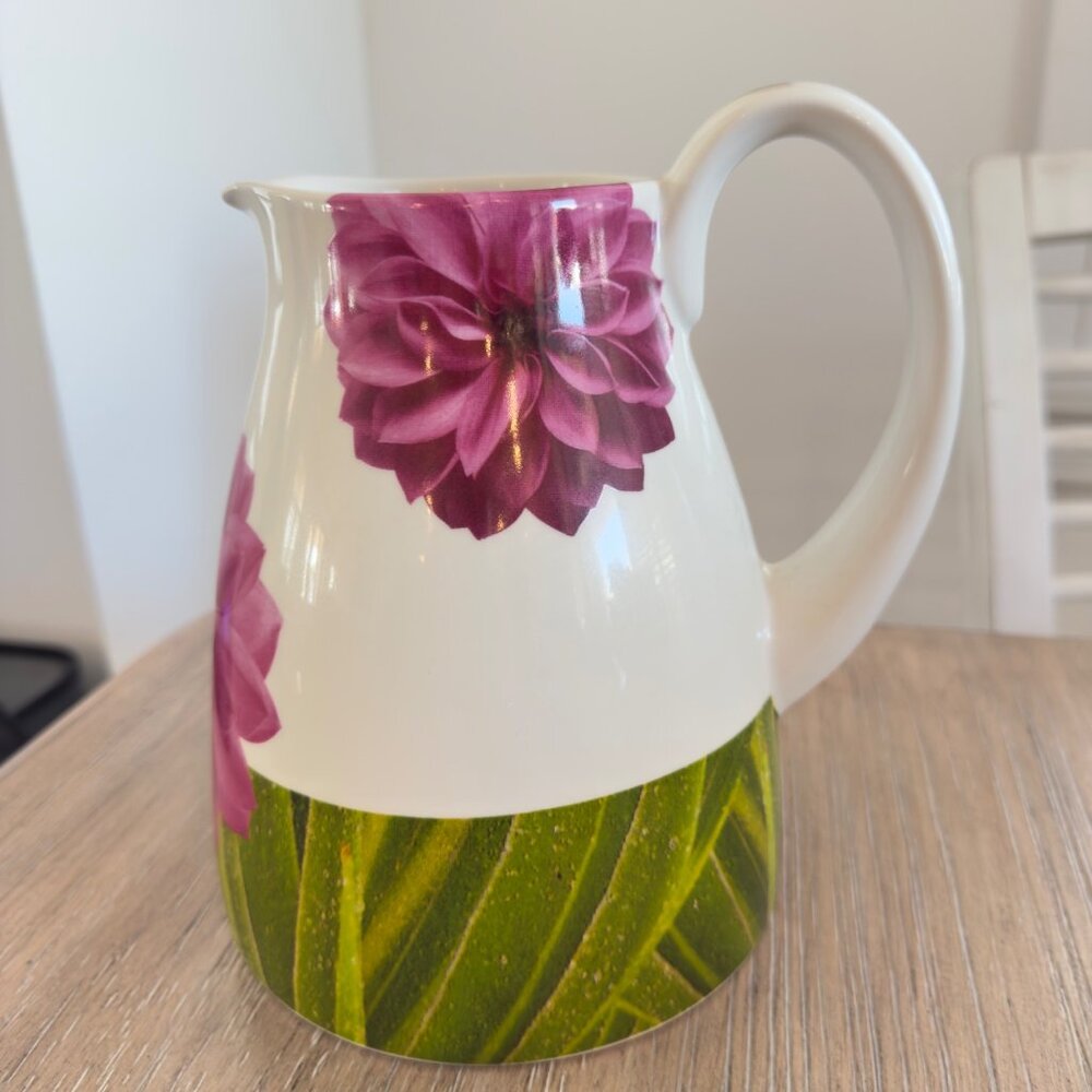 Lord & Taylor Ceramic Water Pitcher Dahlia Flower Print Made in Portugal